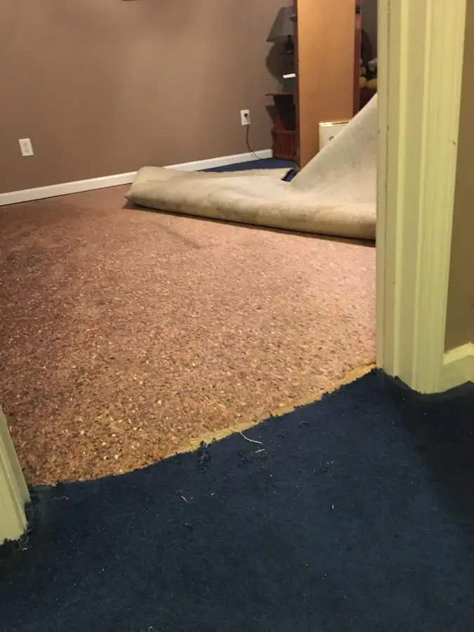Carpet pad removal revealing water damage during Drying & Dehumidification in Eagle Lake